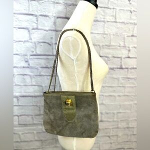 Vintage Ruth E Saltz Purse Handbag w chain strap Cougar Head Gray Suede